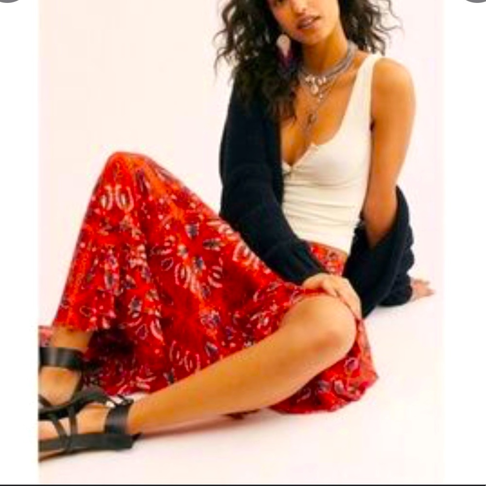 Free People Cypress Printed Ruffle Skirt in Persimmon.
